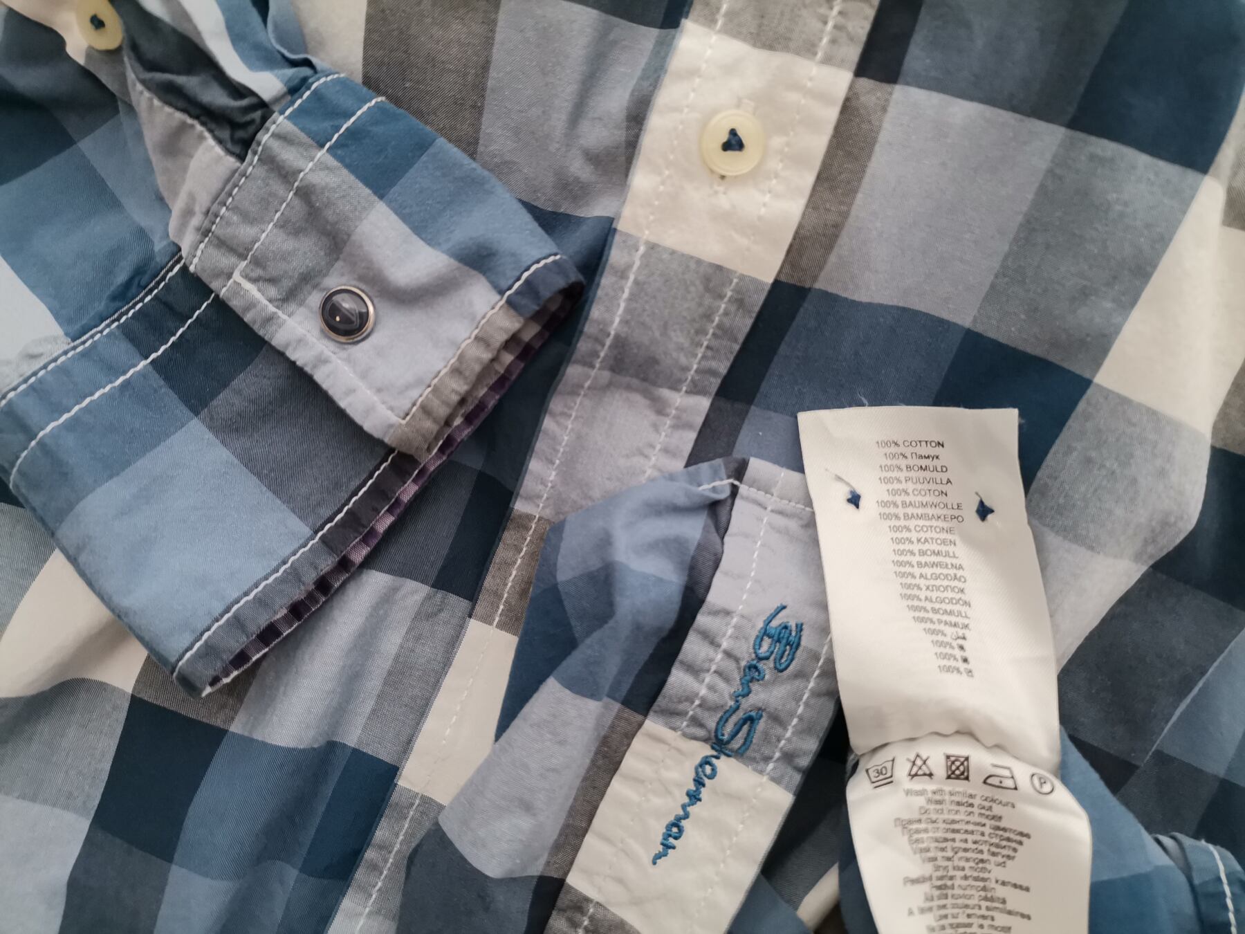 IMG_20211014_103411.jpg BEN SHERMAN Rozmiar XL Kolor Niebieski Krata Kołnierz Męska Koszula Casual Długi rękaw Materiał Bawełna 100%