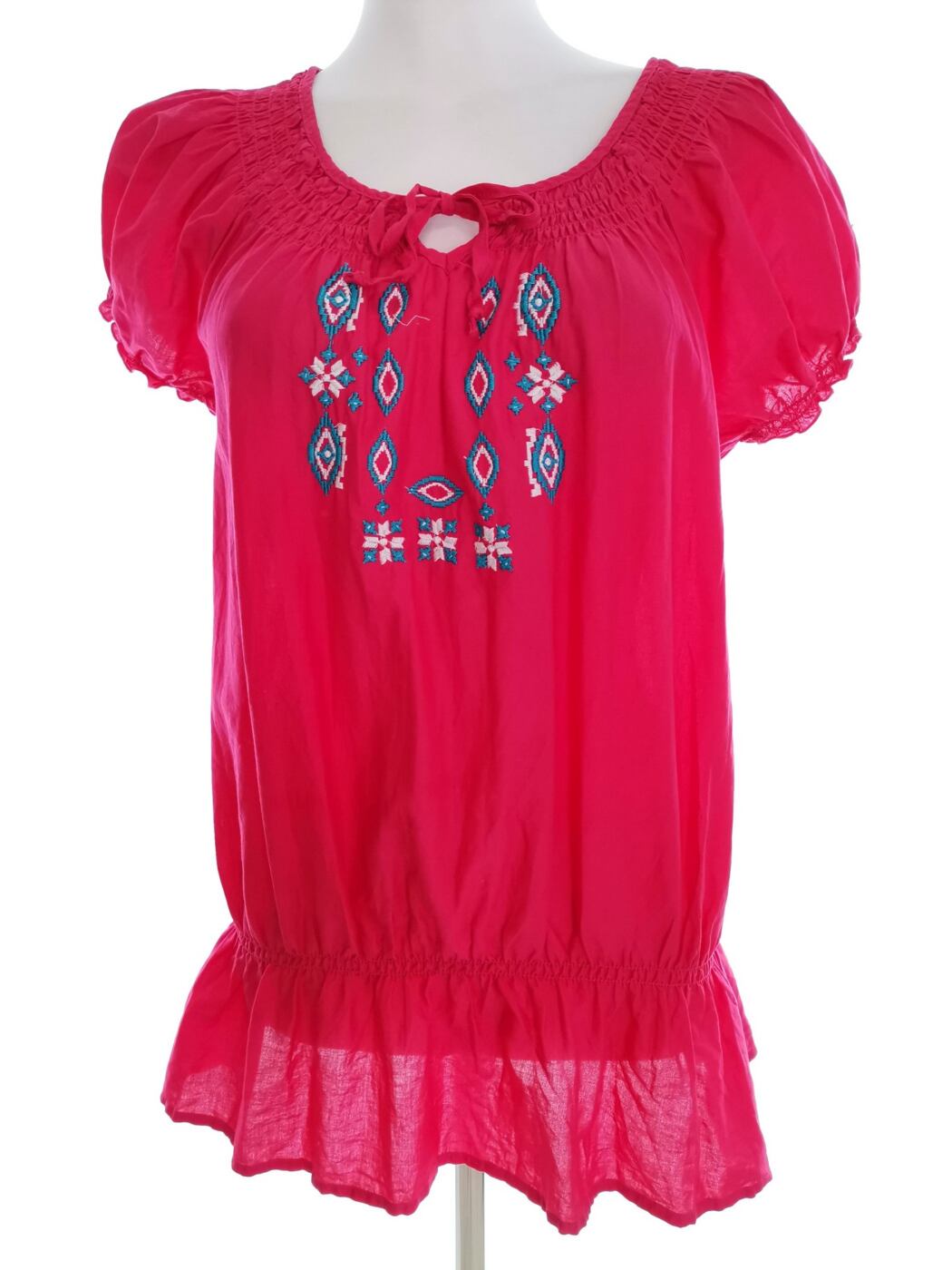 Dunnes Rozmiar 16 (44) Kolor Różowy Keyhole Crew Neck Bluzka Peplum Krótki rękaw Materiał Bawełna 100%