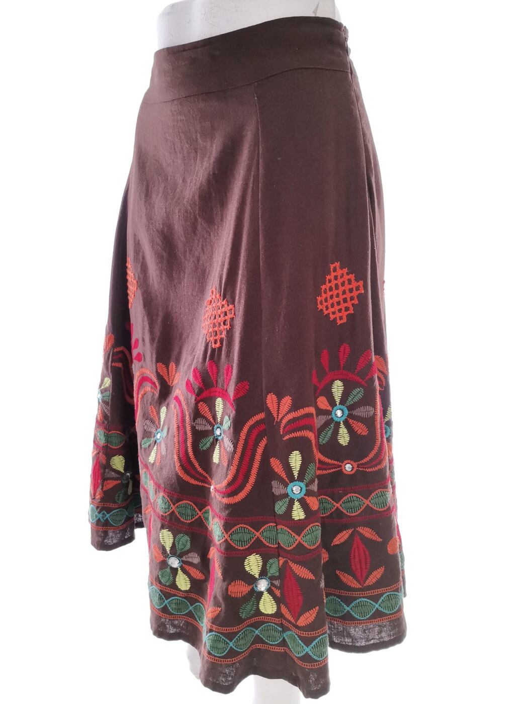 Vintage Rozmiar 38/40 Kolor Brązowy Spódnica Rozkloszowana Midi Materiał Len