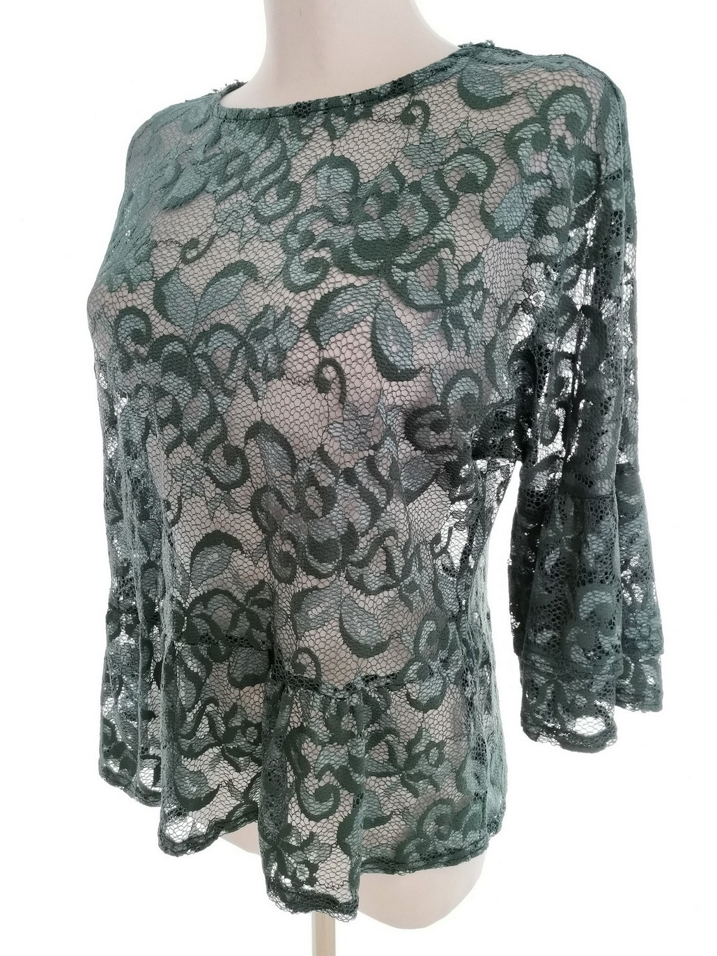 River island Rozmiar 10 (36) Kolor Szmaragdowy Roślinny Liście Crew Neck Bluzka Rękaw 3/4