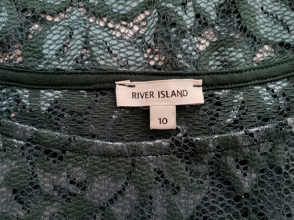 River island Rozmiar 10 (36) Kolor Szmaragdowy Roślinny Liście Crew Neck Bluzka Rękaw 3/4