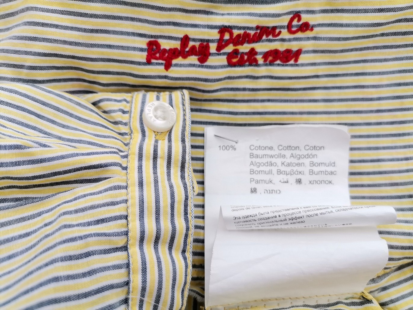 Replay Rozmiar S Kolor Żółty Pasy Keyhole Crew Neck Bluzka Zapinana Rękaw 3/4 Materiał Bawełna 100%