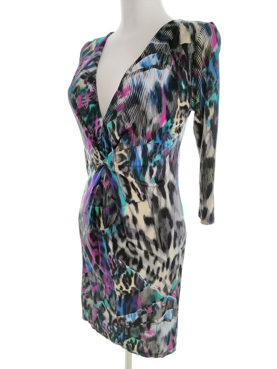 River island Rozmiar 10 (36) Kolor Czarny Pasy W serek Sukienka Sheath Rękaw 3/4 Do Kolan Materiał Wiskoza 100%