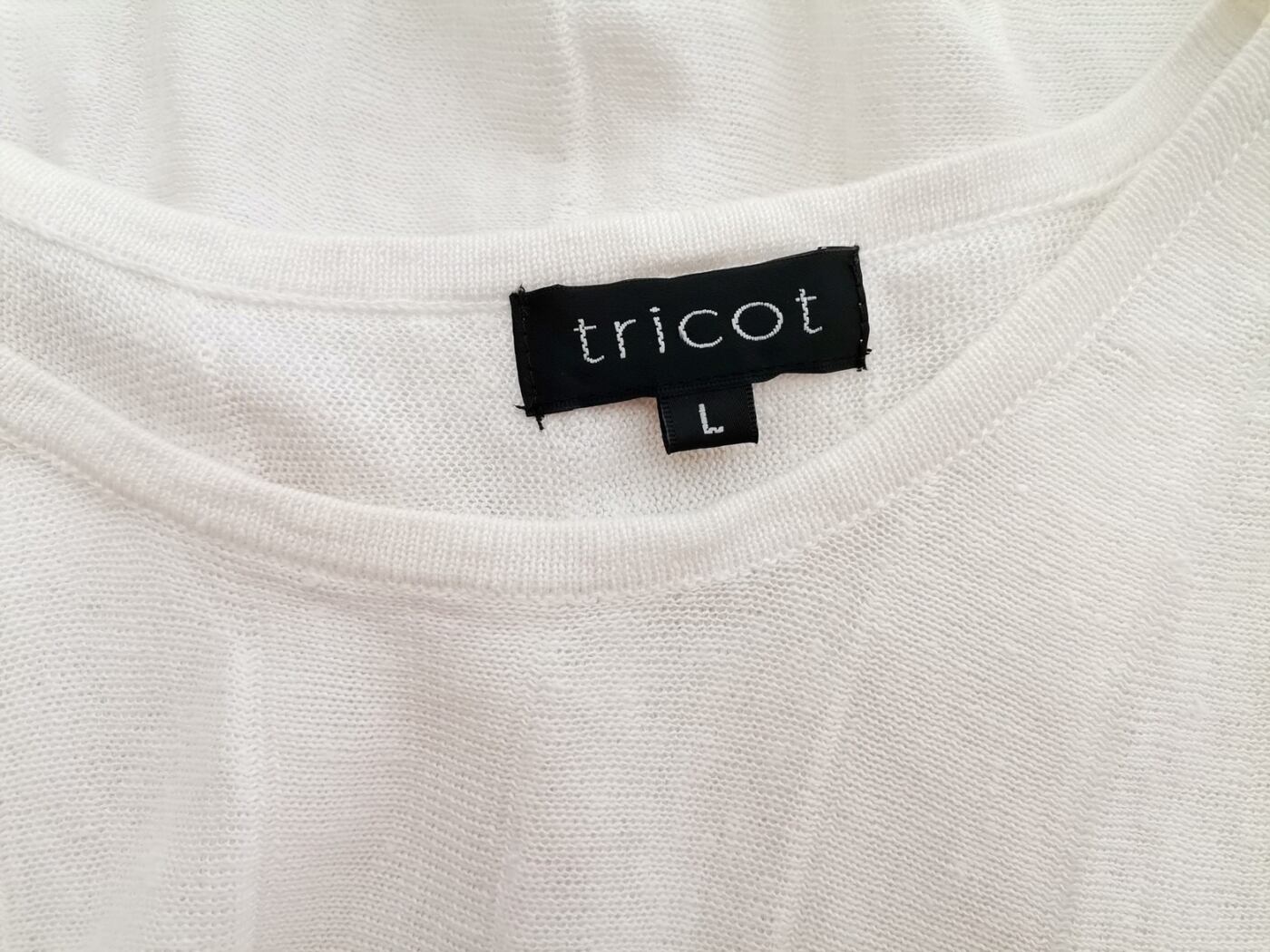 Tricot Rozmiar L Kolor Biały Pasy Okrągły dekolt Tunika Bluzka Bezrękawnik Materiał Len 100% Tricot Rozmiar L Kolor Biały Pasy Okrągły dekolt Tunika Bluzka Bezrękawnik Materiał Len 100%