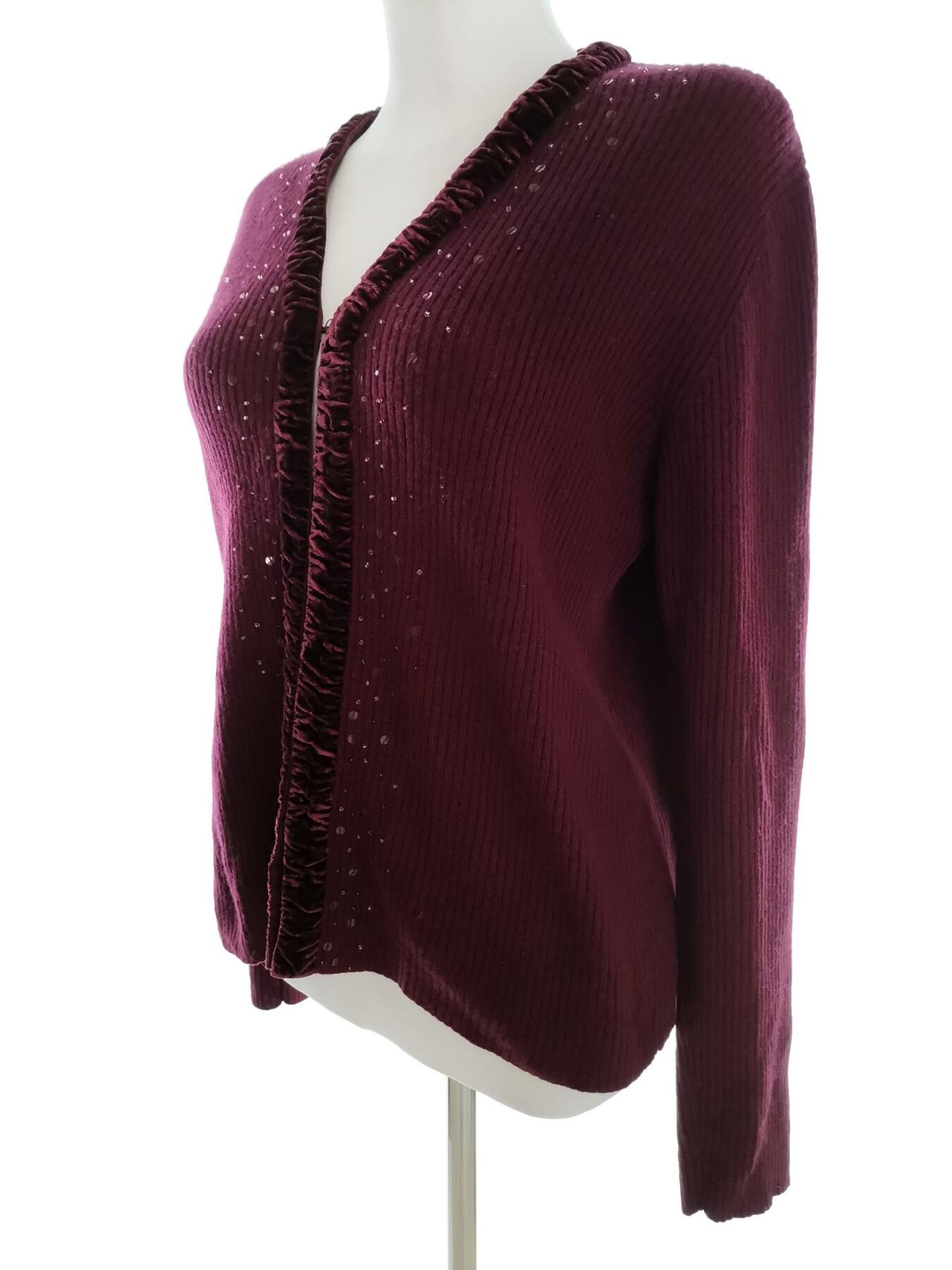 IMG_20211124_101958.jpg Laura ashley Rozmiar M Kolor Purpurowy W serek Kardigan Zapinany Długi rękaw Materiał Wełna Jagnięca 100% Cienka dzianina