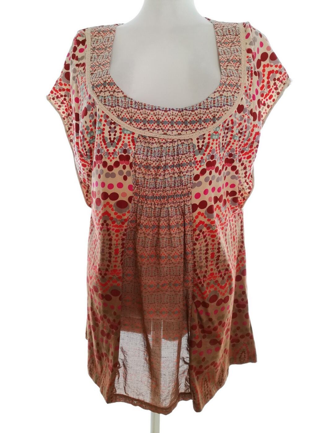Unity Word Wear WOMAN Rozmiar 1X (XL) Kolor Beżowy Grochy Drapowany dekolt Tunika Bluzka Krótki rękaw Materiał Bawełna 100%