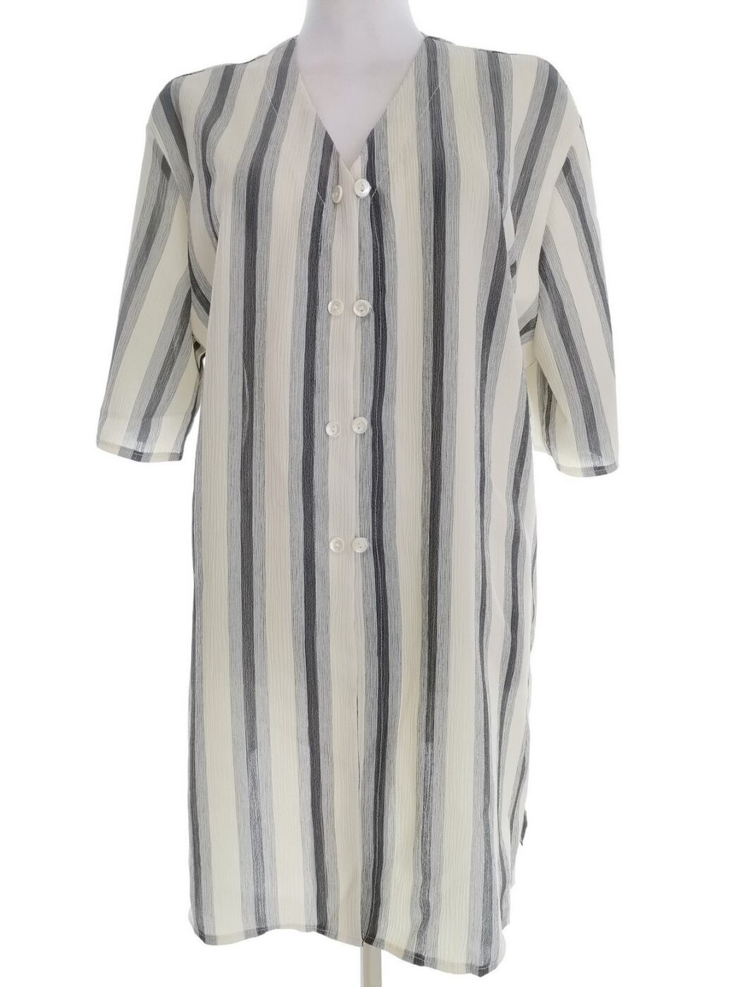Dressright Rozmiar XL Kolor Kremowy Pasy W serek Tunika Zapinana Bluzka Krótki rękaw