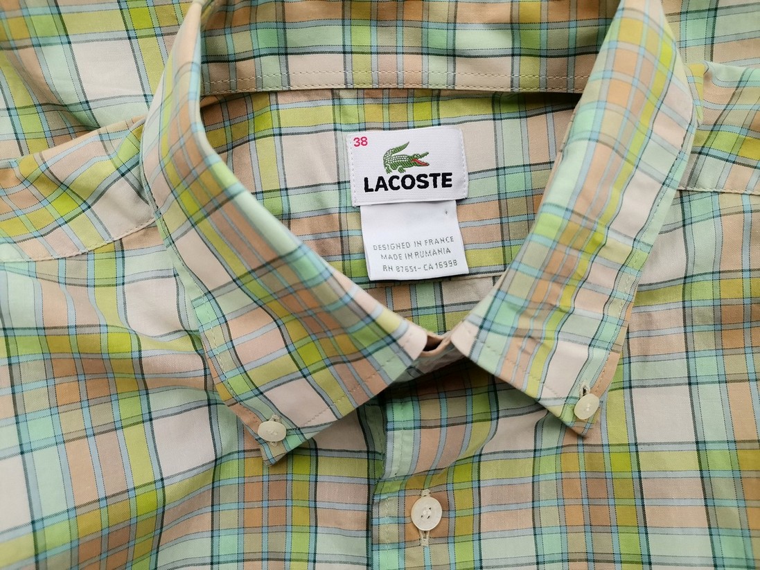 IMG_20211130_131436.jpg Lacoste Rozmiar 38 Kolor Zielony Krata Kołnierz Męska Koszula Elegancka Krótki rękaw Materiał Bawełna 100%