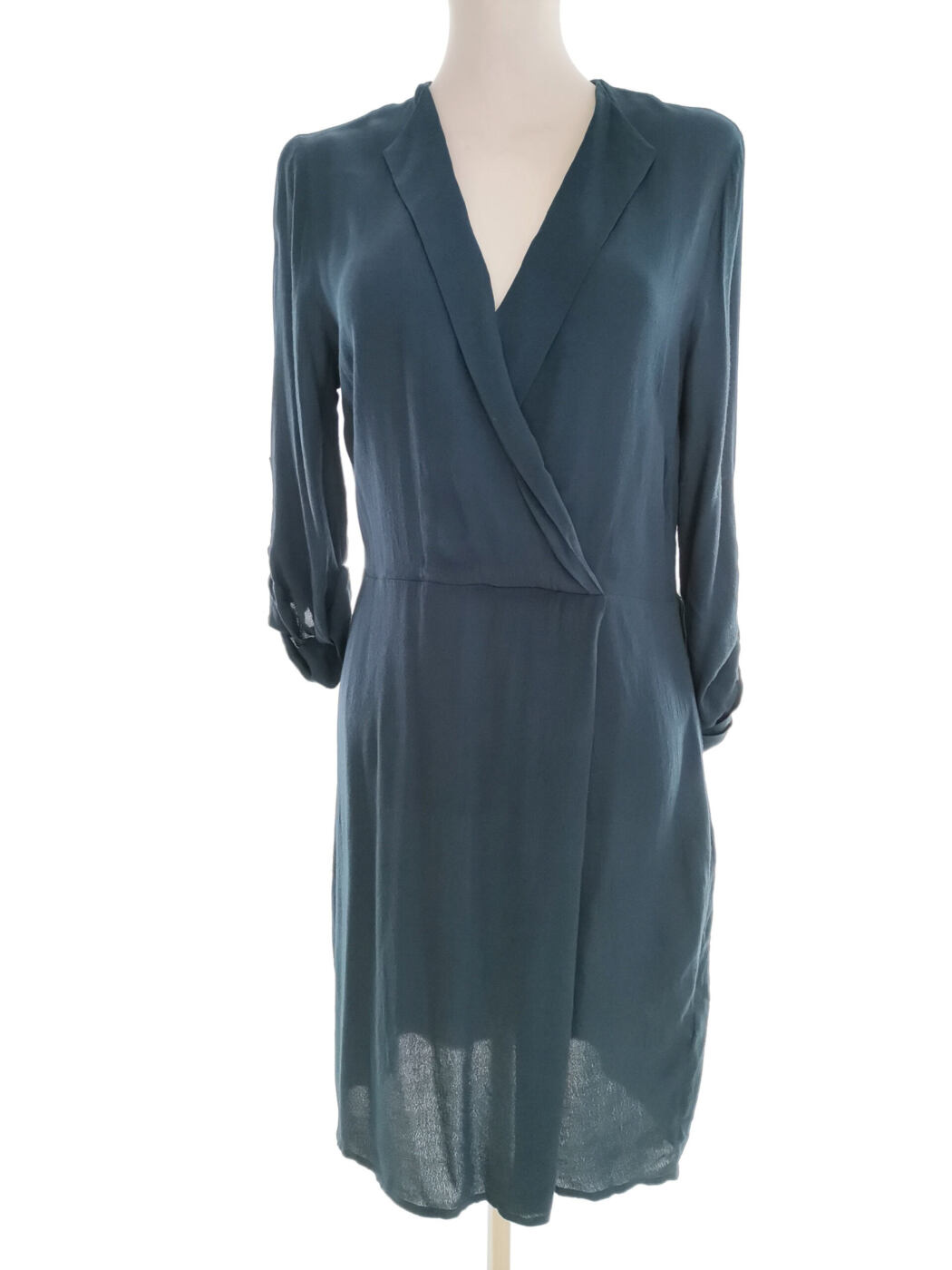 Warehouse Rozmiar 10 (36) Kolor Niebieski W serek Sukienka Sheath Rękaw 3/4 Midi Materiał Wiskoza 100%
