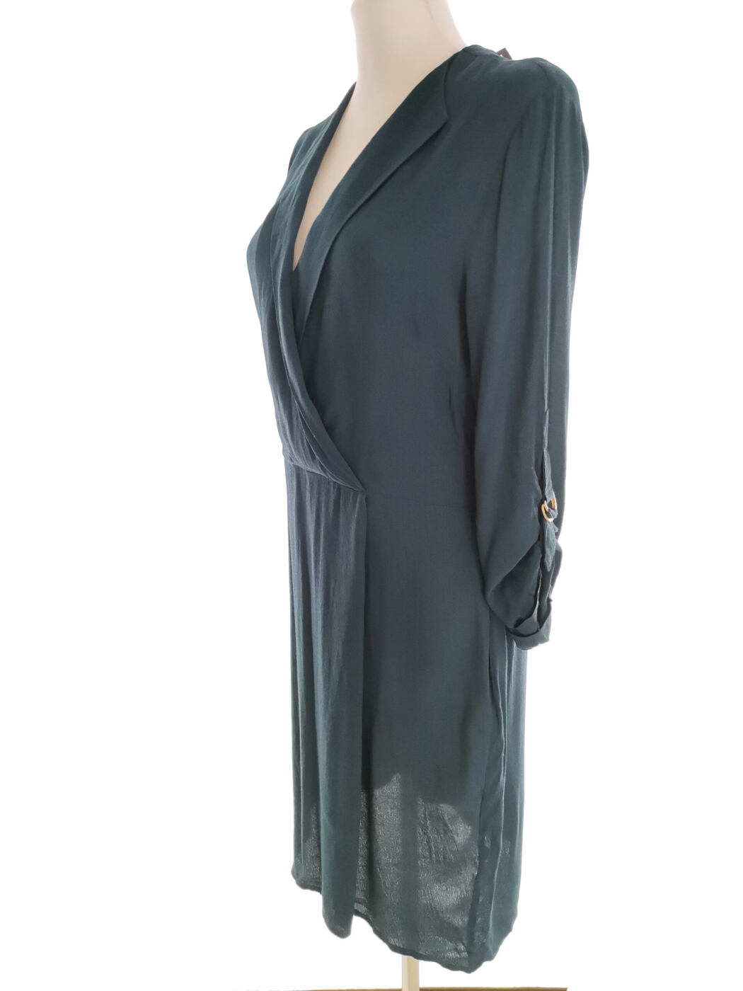 Warehouse Rozmiar 10 (36) Kolor Niebieski W serek Sukienka Sheath Rękaw 3/4 Midi Materiał Wiskoza 100%
