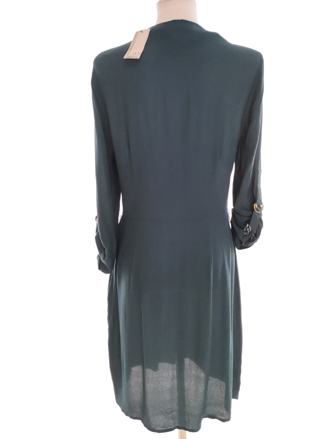 Warehouse Rozmiar 10 (36) Kolor Niebieski W serek Sukienka Sheath Rękaw 3/4 Midi Materiał Wiskoza 100%