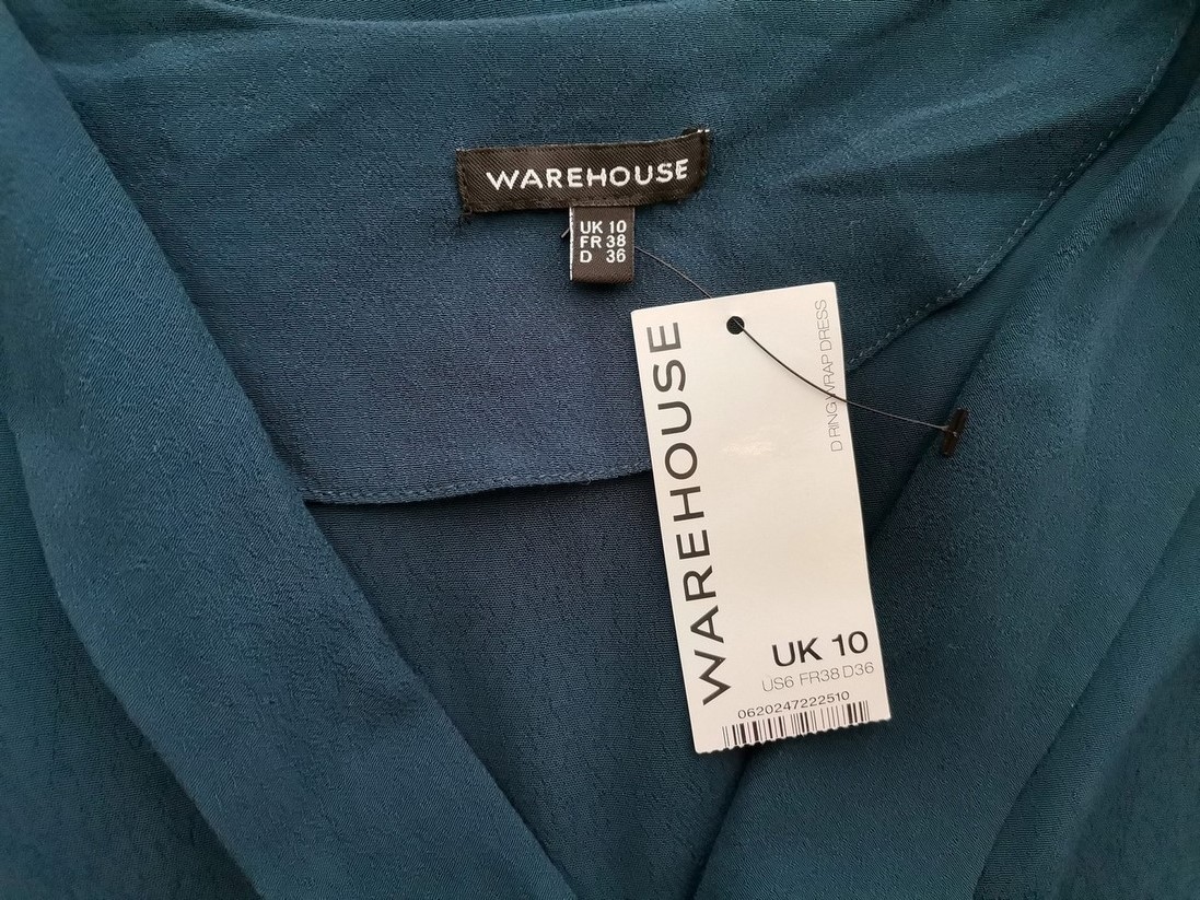 Warehouse Rozmiar 10 (36) Kolor Niebieski W serek Sukienka Sheath Rękaw 3/4 Midi Materiał Wiskoza 100%