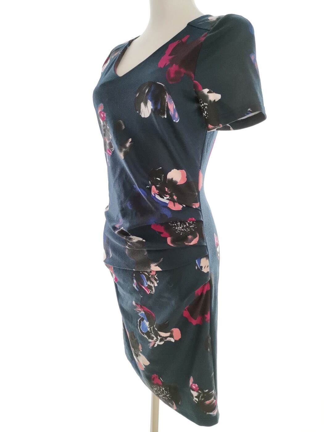 Kaffe Rozmiar 38/40 Kolor Granatowy W serek Sukienka Sheath Krótki rękaw Midi