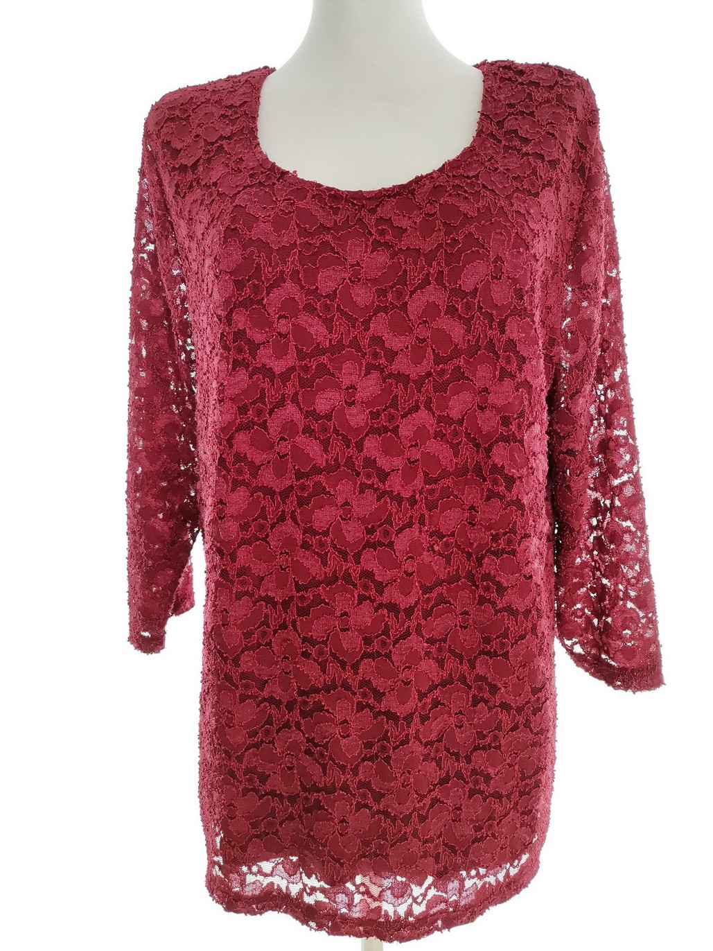 Vintage Rozmiar 46/48 Kolor Bordowy Okrągły dekolt Tunika Bluzka Rękaw 3/4