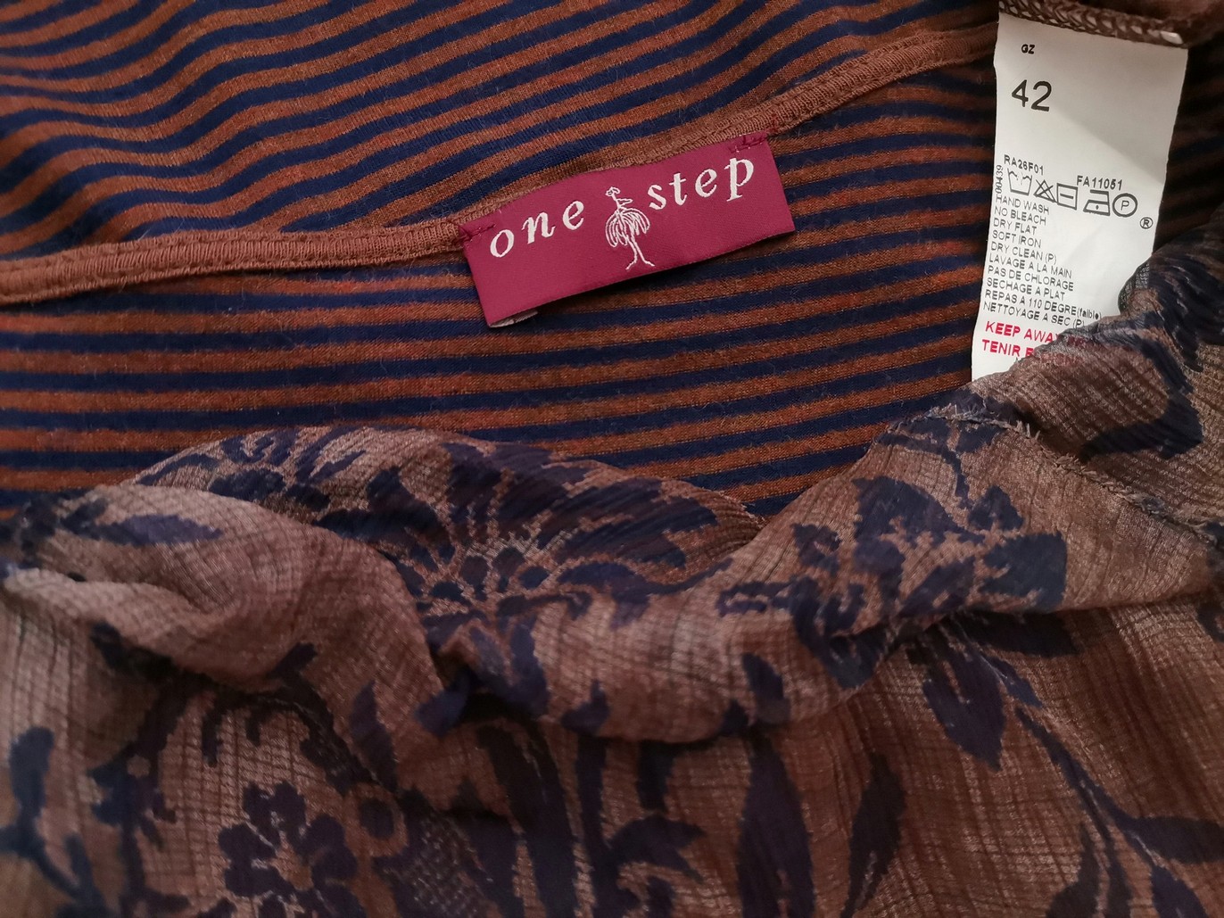 ONE STEP Rozmiar 42 Kolor Brązowy Pasy W łódkę Bluzka Rękaw 3/4 Materiał Wiskoza