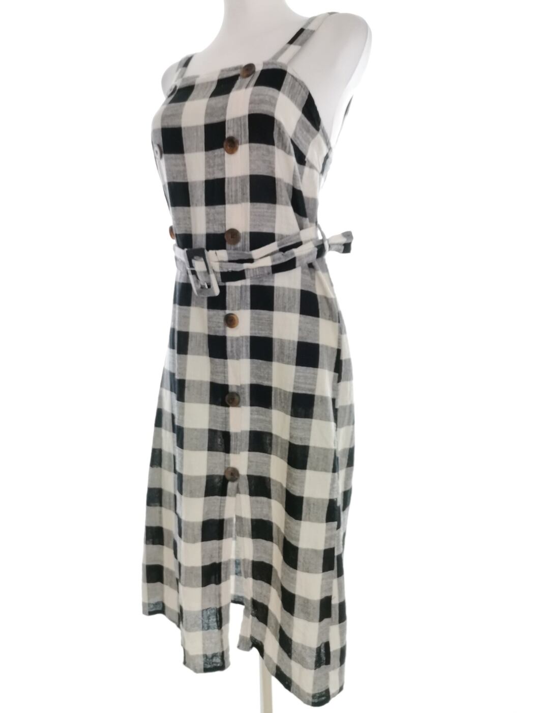 Vintage Rozmiar 34/36 Kolor Czarny Krata Kwadratowy dekolt Sukienka A-Line Bezrękawnik Midi Vintage Rozmiar 34/36 Kolor Czarny Krata Kwadratowy dekolt Sukienka A-Line Bezrękawnik Midi