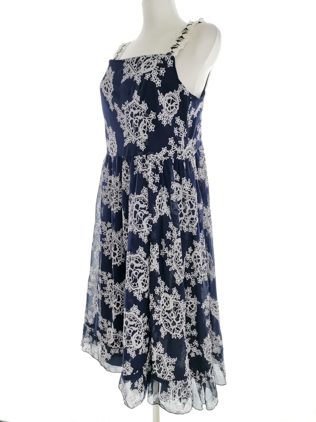 Vintage Rozmiar XL Kolor Granatowy Kwadratowy dekolt Sukienka A-Line Bezrękawnik Midi Vintage Rozmiar XL Kolor Granatowy Kwadratowy dekolt Sukienka A-Line Bezrękawnik Midi