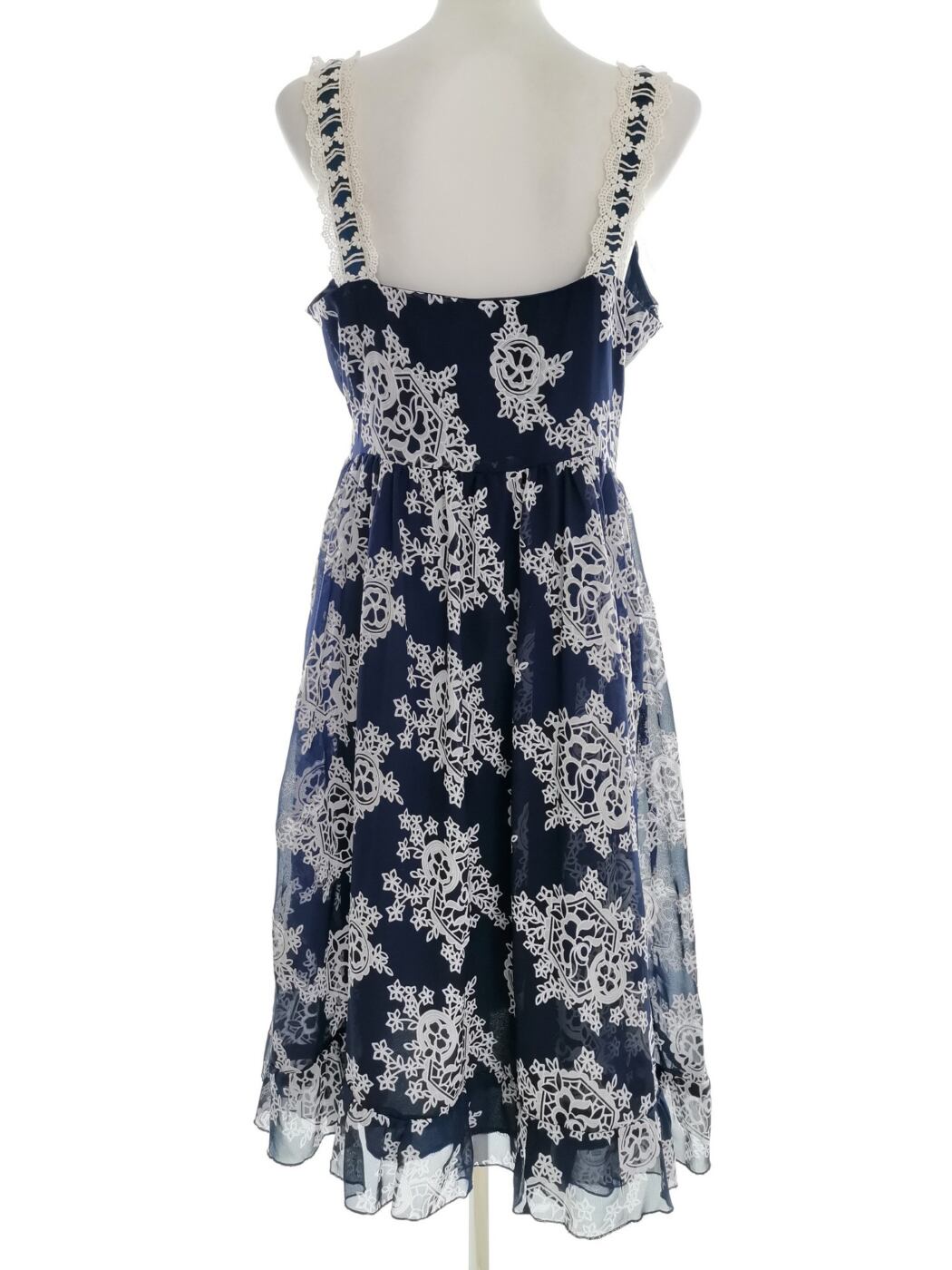 Vintage Rozmiar XL Kolor Granatowy Kwadratowy dekolt Sukienka A-Line Bezrękawnik Midi Vintage Rozmiar XL Kolor Granatowy Kwadratowy dekolt Sukienka A-Line Bezrękawnik Midi