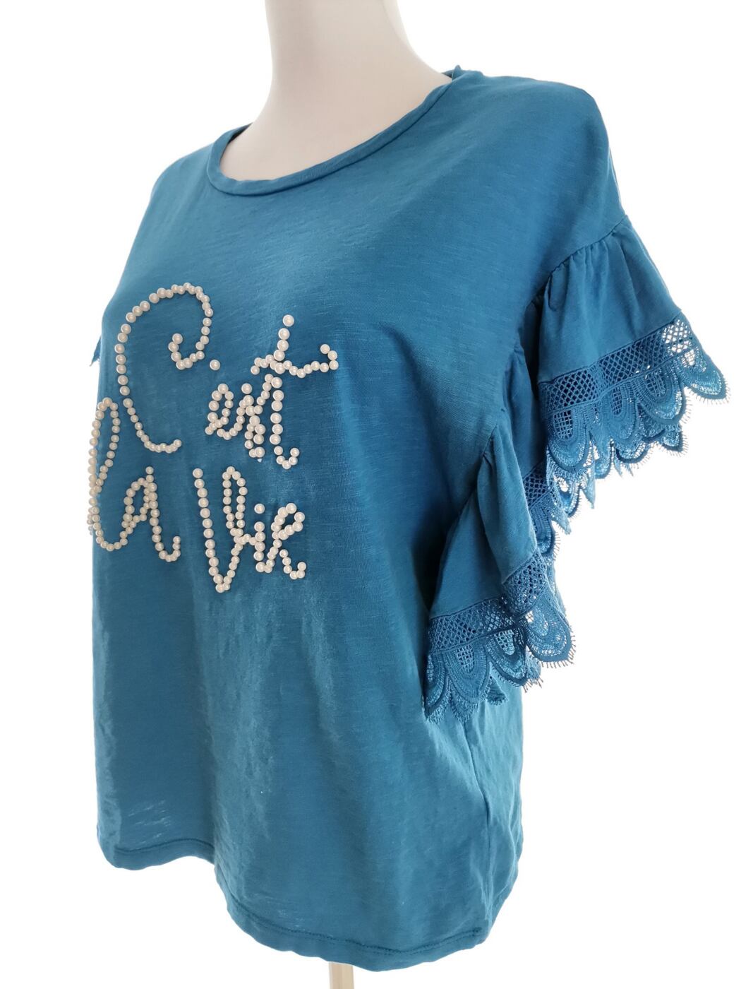 Savida Rozmiar L (42) Kolor Niebieski Crew Neck Bluzka Krótki rękaw Materiał Bawełna 100%