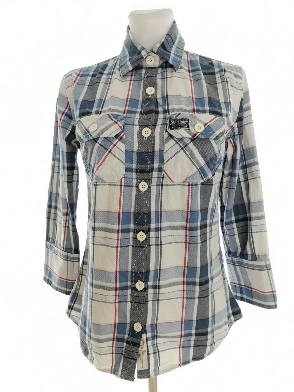 Superdry Rozmiar M Kolor Niebieski Krata Kołnierz Koszula Zapinana Bluzka Rękaw 3/4 Materiał Bawełna 100%
