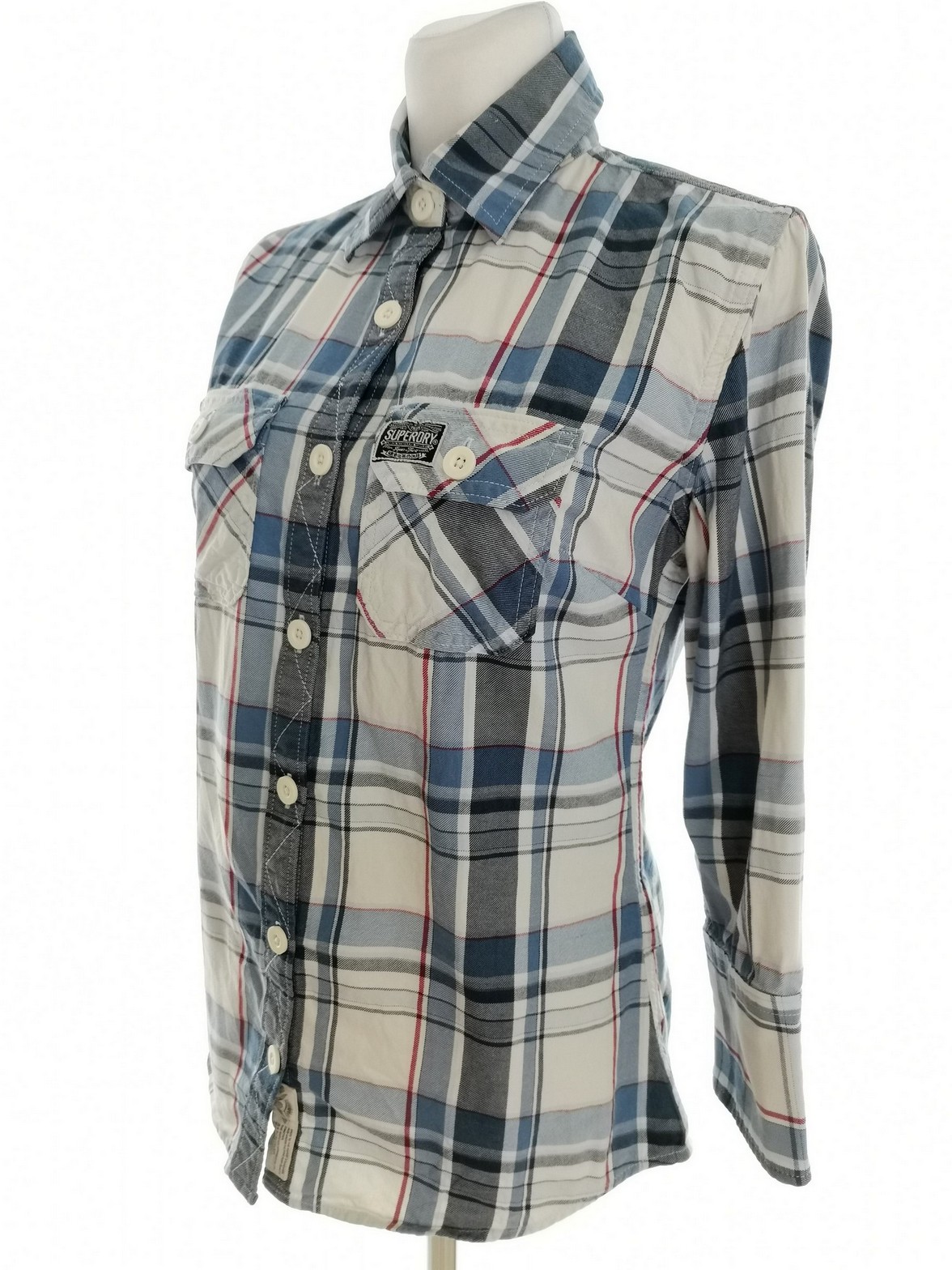 IMG_20220114_134347.jpg Superdry Rozmiar M Kolor Niebieski Krata Kołnierz Koszula Zapinana Bluzka Rękaw 3/4 Materiał Bawełna 100%