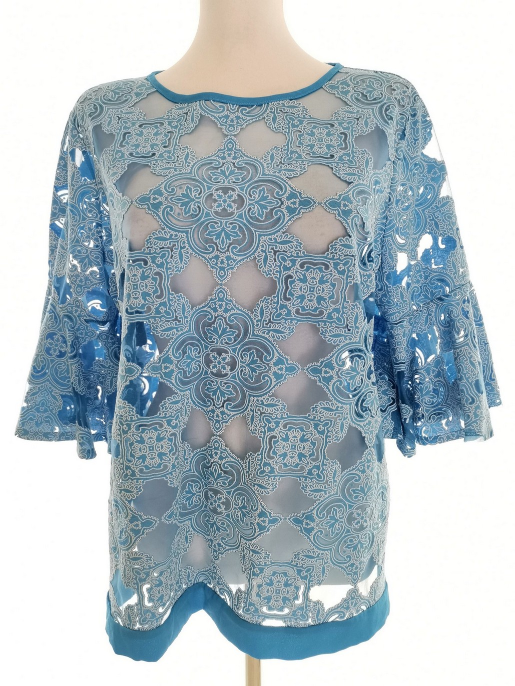 Vintage Rozmiar 46/48 Kolor Niebieski Okrągły dekolt Bluzka Rękaw 3/4