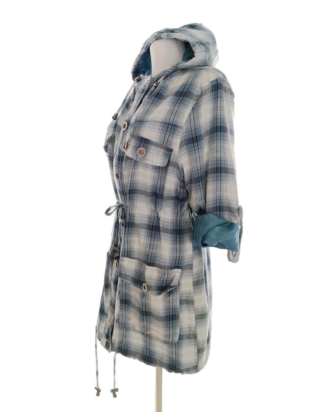 Denim Co. Rozmiar 12 (38) Kolor Niebieski Krata Płaszcz Długi rękaw Materiał Bawełna 100%