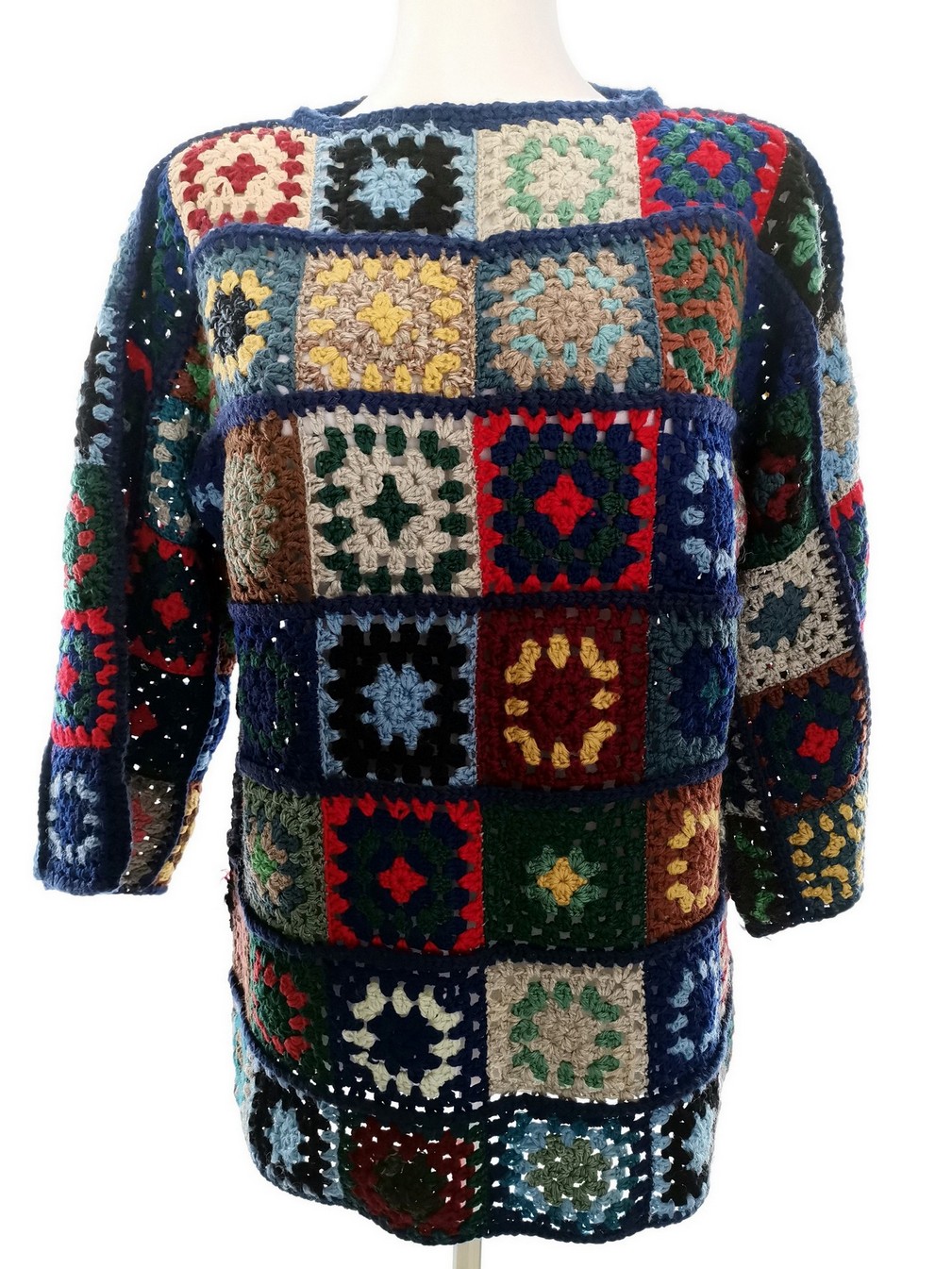 Vintage Rozmiar 46/48 Kolor Kolorowa W łódkę Sweter Rękaw 3/4 Gruba dzianina
