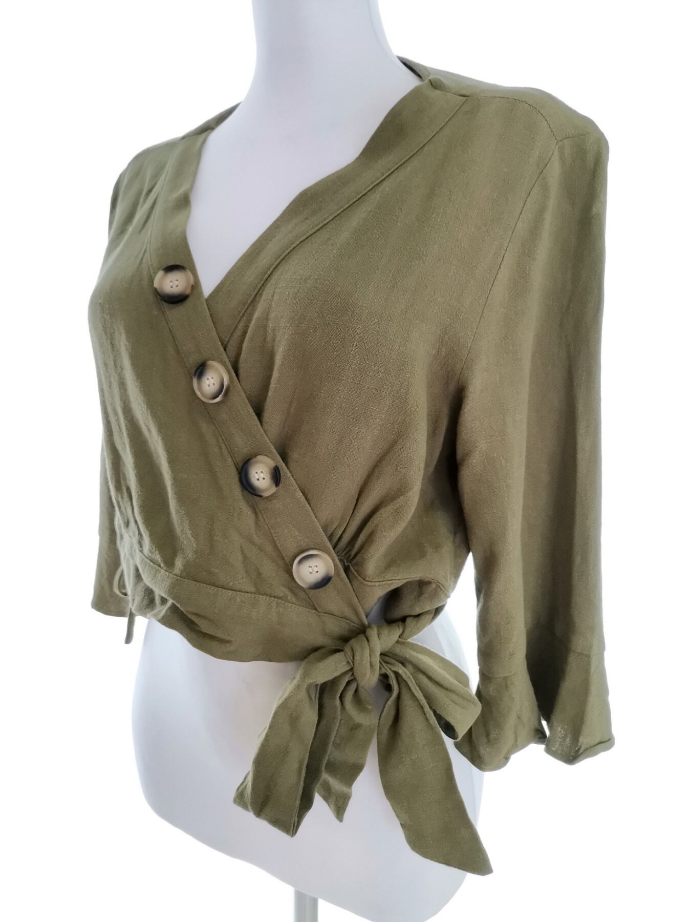 IMG_20220225_123006.jpg INSHOP Rozmiar 10 (38) Kolor Khaki W serek Kardigan Zapinany Rękaw 3/4 Cienka dzianina