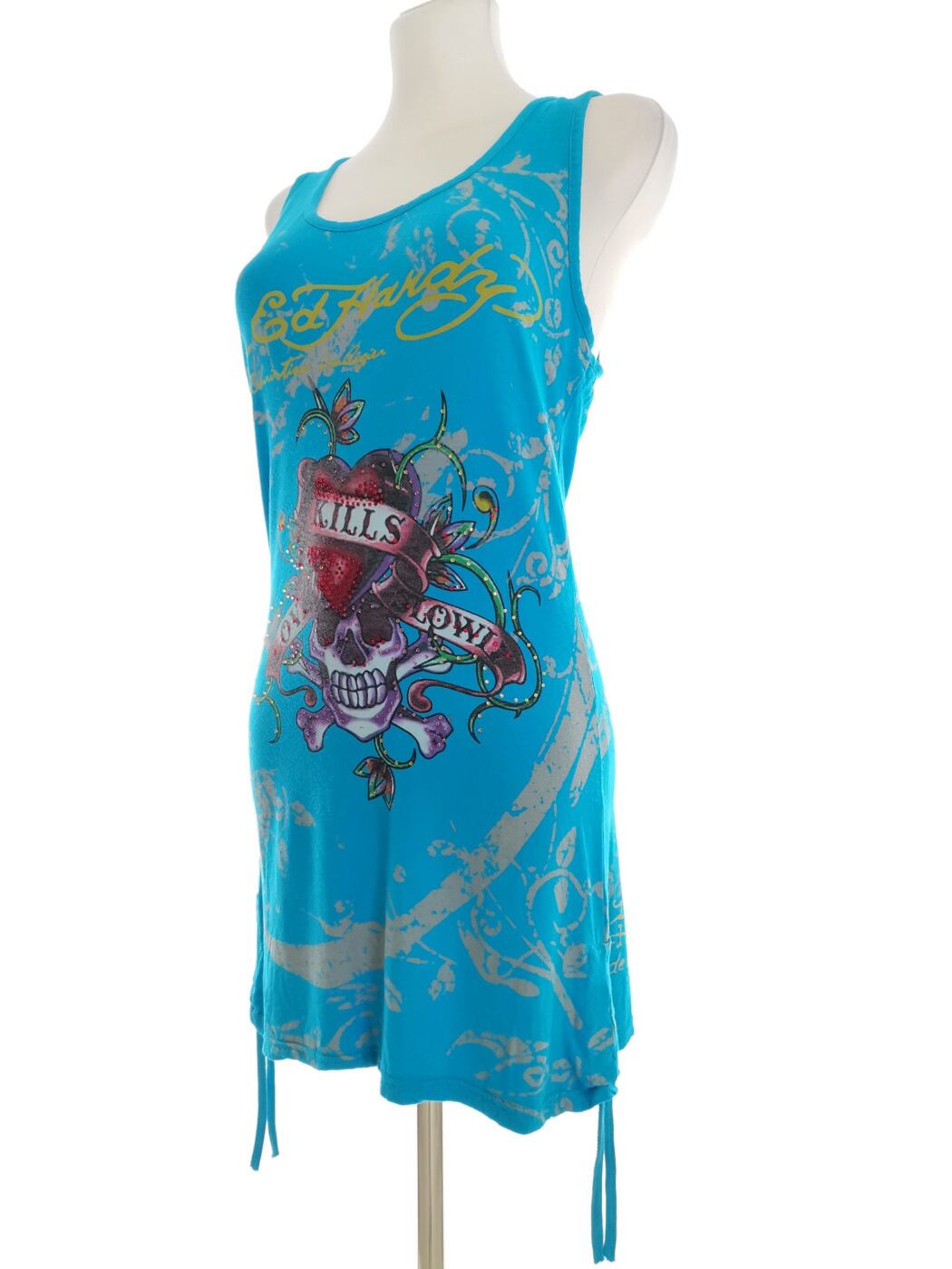 Ed hardy Rozmiar XXL (38/40) Kolor Niebieski Okrągły dekolt Sukienka Prostokątna Bezrękawnik Do Kolan Materiał Bawełna 100% Ed hardy Rozmiar XXL (38/40) Kolor Niebieski Okrągły dekolt Sukienka Prostokątna Bezrękawnik Do Kolan Materiał Bawełna 100%