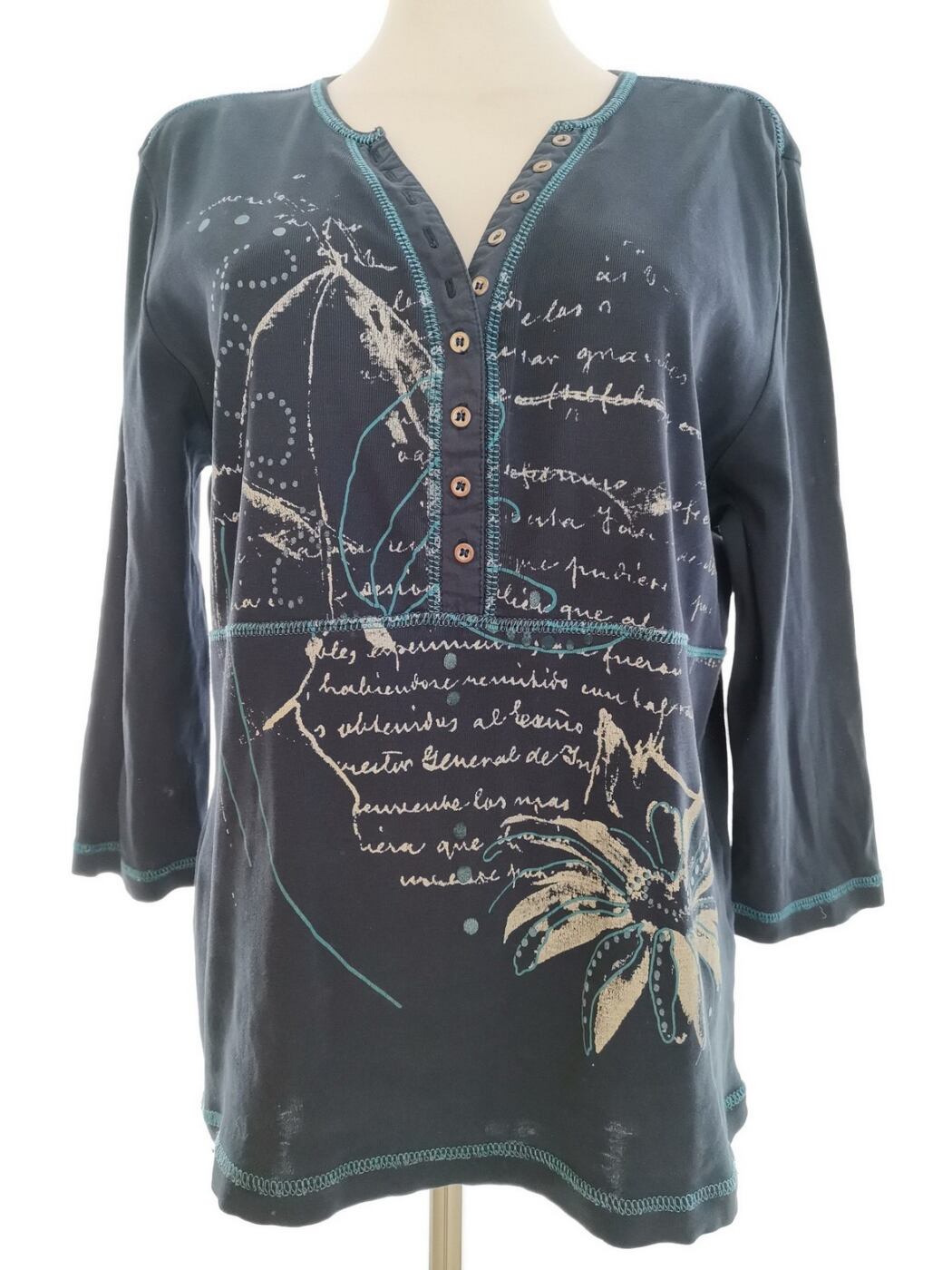 Signature Rozmiar L Kolor Granatowy Split Crew Neck Bluzka Popover Guziki Rękaw 3/4 Materiał Bawełna 100%