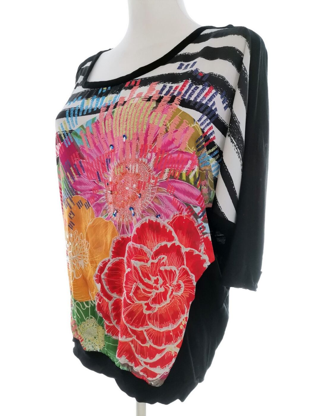 IMG_20220318_140551.jpg DESIGUAL Rozmiar XL Kolor Czarny Pasy Okrągły dekolt Bluzka Rękaw 3/4 Materiał Wiskoza