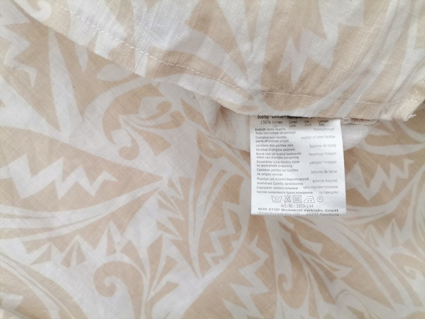 MALVIN Rozmiar 40 Kolor Kremowy Roślinny Liście Split Crew Neck Tunika Bluzka Długi rękaw Materiał Len 100%
