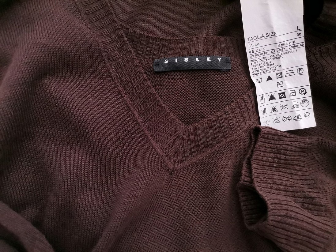 Sisley Rozmiar L Kolor Brązowy W serek Sukienka Letnia Krótki rękaw Midi Materiał Wiskoza 100%