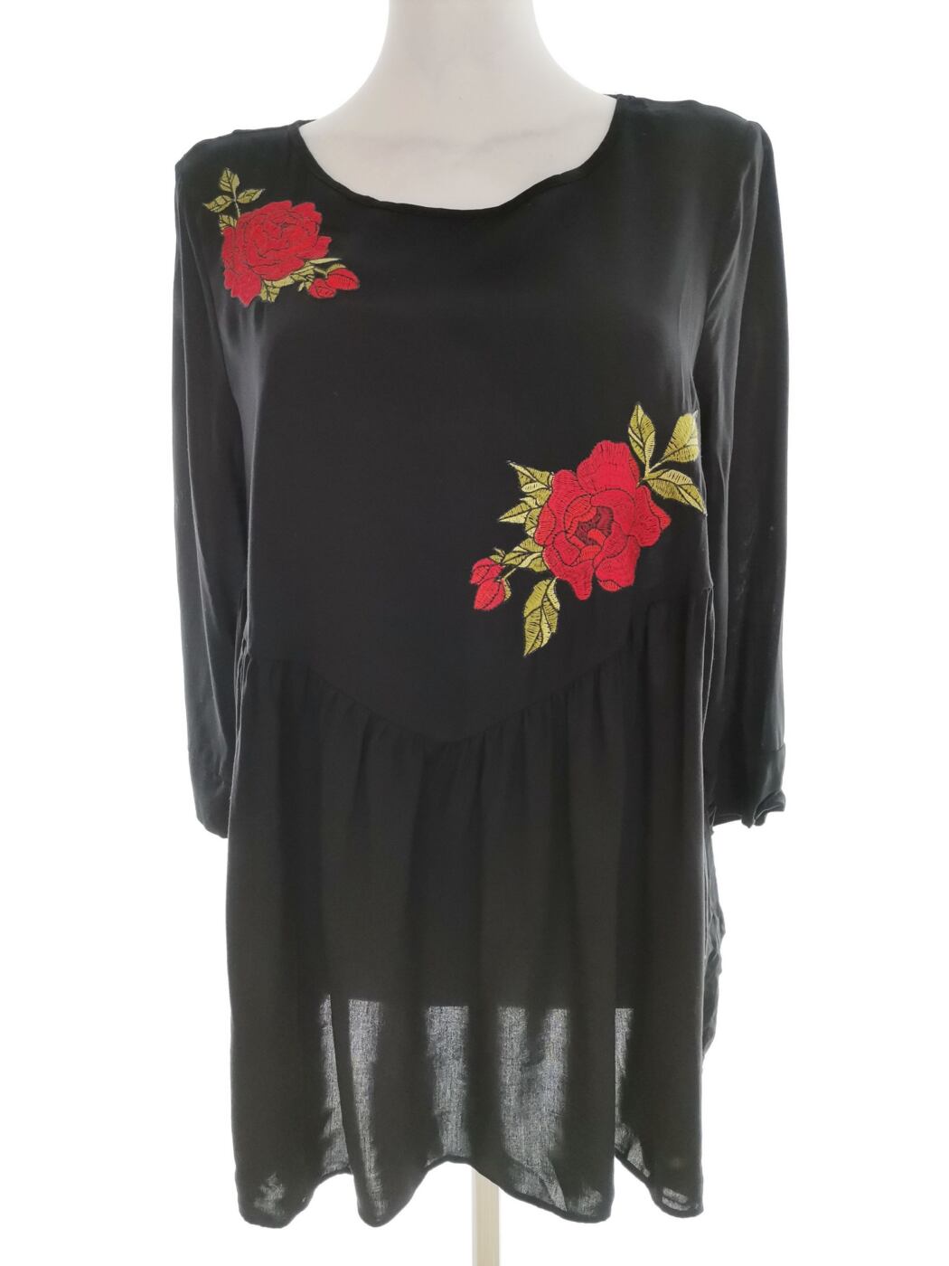 Vintage Rozmiar 42/44 Kolor Czarny Okrągły dekolt Tunika Bluzka Rękaw 3/4