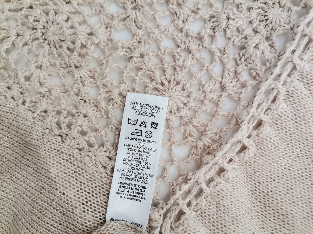 IMG_20220426_113352.jpg Dunnes stores Rozmiar 10/12 (38/40) Kolor Beżowy W serek Długi Kardigan Wiązany Krótki rękaw Materiał Len Otwarta dzianina