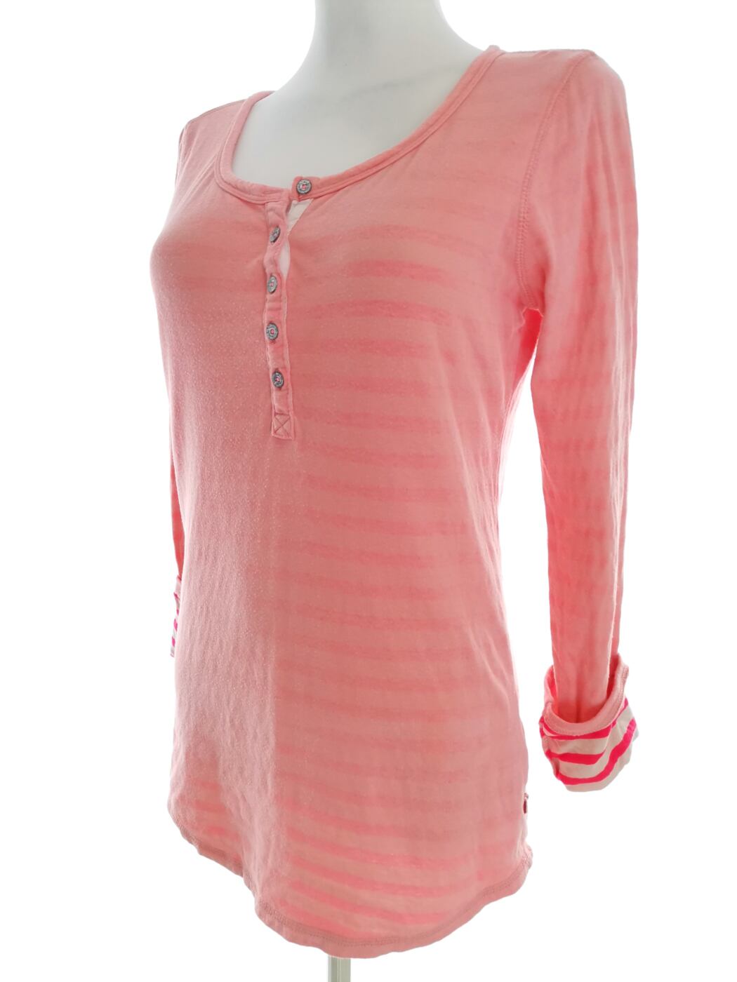 IMG_20220506_132053.jpg Maison scotch Rozmiar 1 (38) Kolor Różowy Pasy Okrągły dekolt Bluzka Popover Guziki Rękaw 3/4 Materiał Bawełna