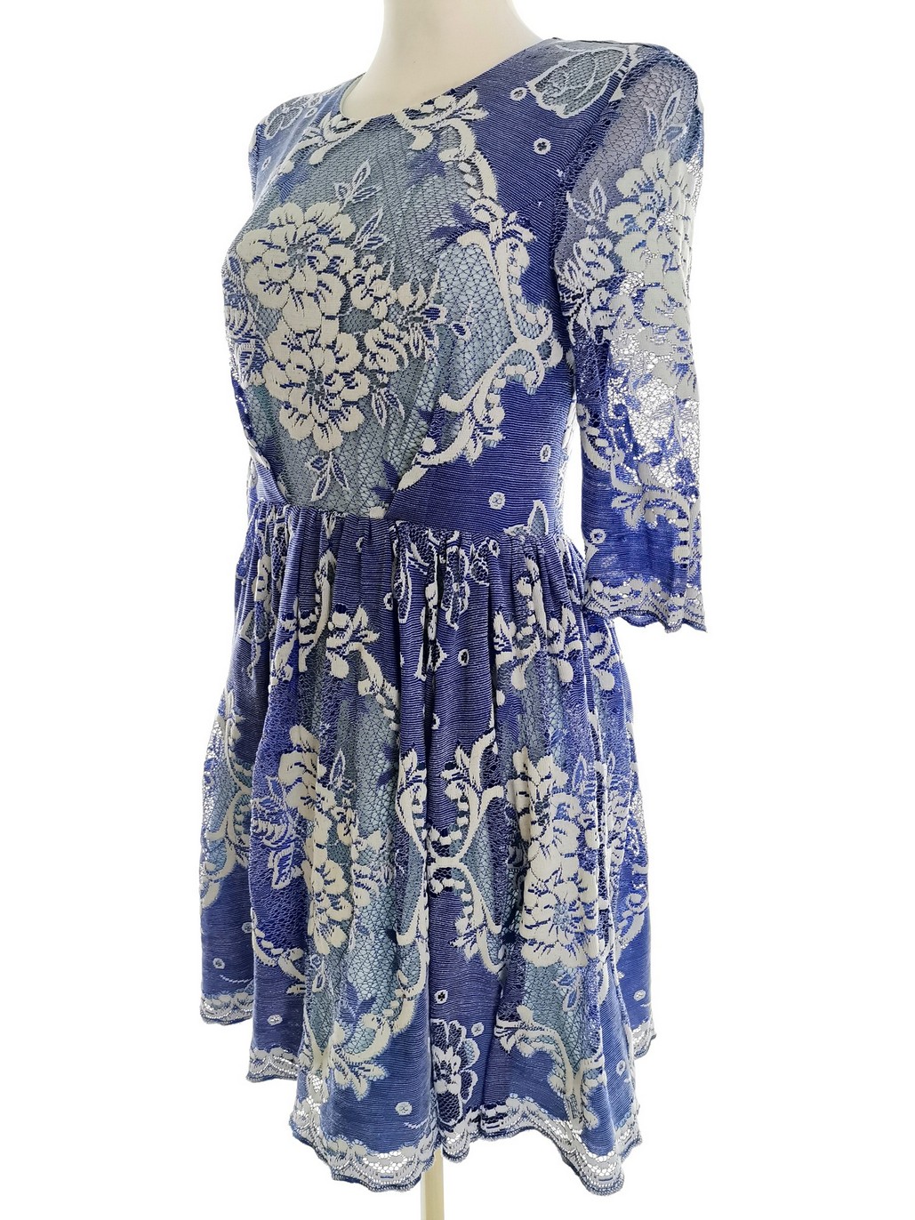 Topshop Rozmiar 12 (40) Kolor Niebieski Okrągły dekolt Sukienka A-Line Rękaw 3/4 Do Kolan Topshop Rozmiar 12 (40) Kolor Niebieski Okrągły dekolt Sukienka A-Line Rękaw 3/4 Do Kolan