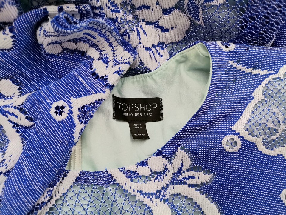 Topshop Rozmiar 12 (40) Kolor Niebieski Okrągły dekolt Sukienka A-Line Rękaw 3/4 Do Kolan Topshop Rozmiar 12 (40) Kolor Niebieski Okrągły dekolt Sukienka A-Line Rękaw 3/4 Do Kolan