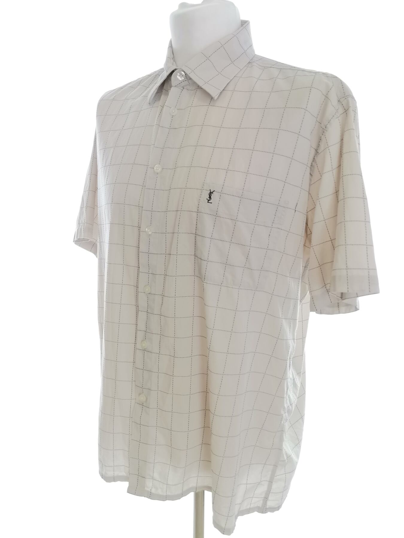IMG_20220509_104214.jpg Yves Saint Laurent Rozmiar XL Kolor Kremowy Krata Kołnierz Męska Koszula Casual Krótki rękaw Materiał Bawełna 100%