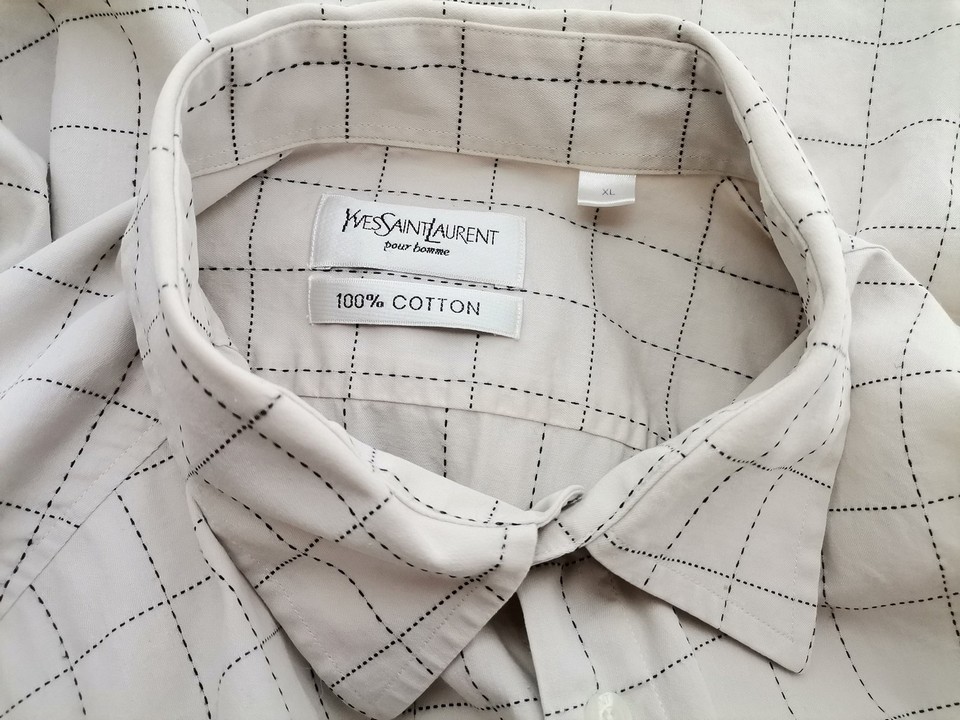 IMG_20220509_104237.jpg Yves Saint Laurent Rozmiar XL Kolor Kremowy Krata Kołnierz Męska Koszula Casual Krótki rękaw Materiał Bawełna 100%