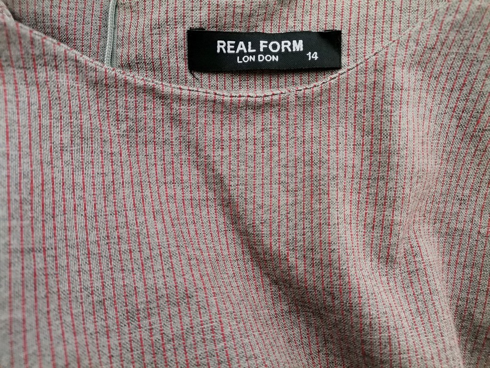 REAL FORM London Rozmiar 14 (42) Kolor Brązowy Pasy Okrągły dekolt Sukienka Sheath Krótki rękaw Midi