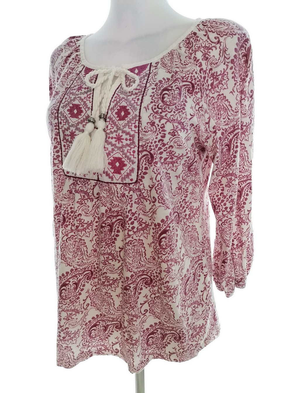 IMG_20220513_141930.jpg Falmer Heritage Rozmiar 10 (38) Kolor Różowy Paisley Keyhole Crew Neck Bluzka Rękaw 3/4 Materiał Bawełna 100%