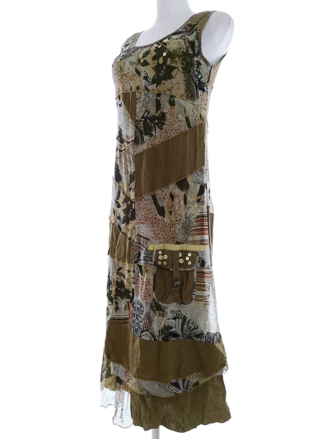 Vintage Rozmiar 34/36 Kolor Khaki Okrągły dekolt Sukienka Maxi Bezrękawnik Długa Vintage Rozmiar 34/36 Kolor Khaki Okrągły dekolt Sukienka Maxi Bezrękawnik Długa