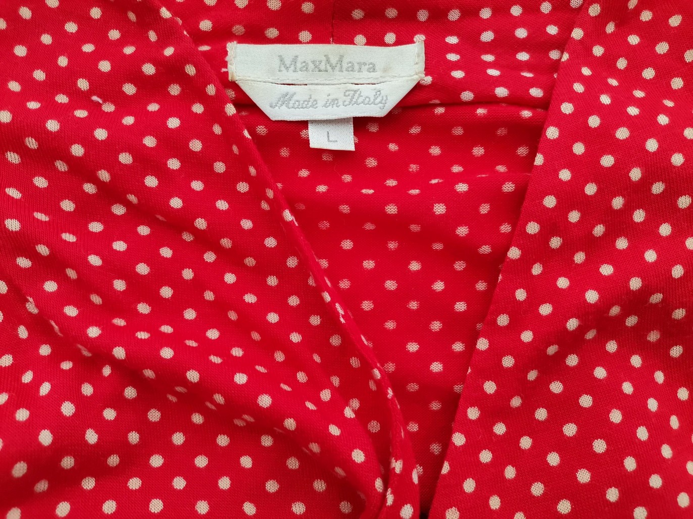 IMG_20220531_142037.jpg Maxmara Rozmiar L Kolor Czerwony Grochy W serek Bluzka Zawijana Krótki rękaw Materiał Wiskoza 100%