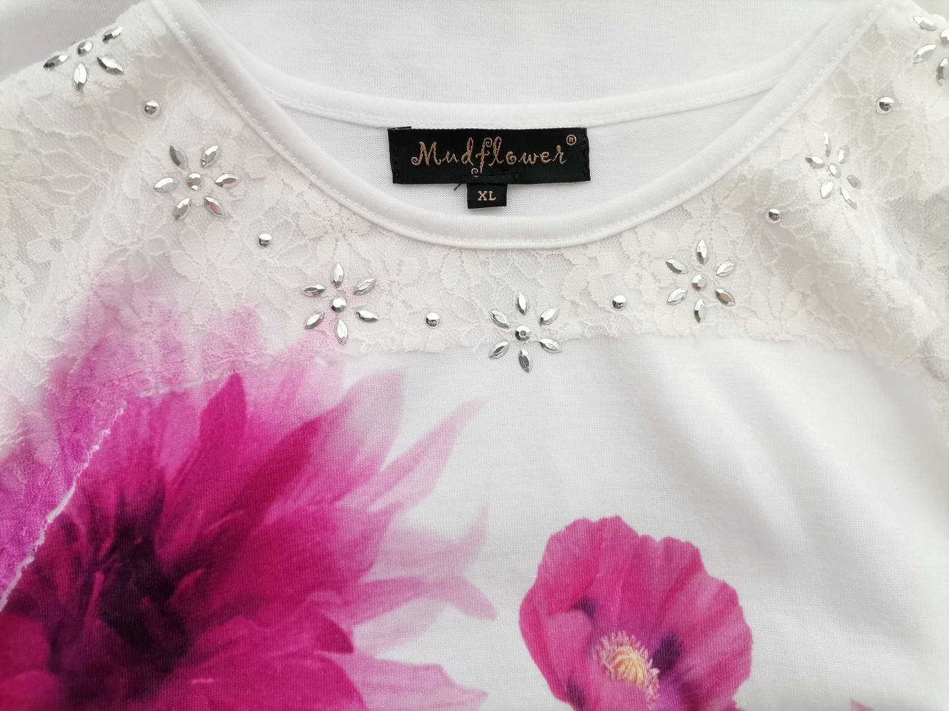 Mudflower Rozmiar XL Kolor Kremowy Okrągły dekolt Bluzka Krótki rękaw
