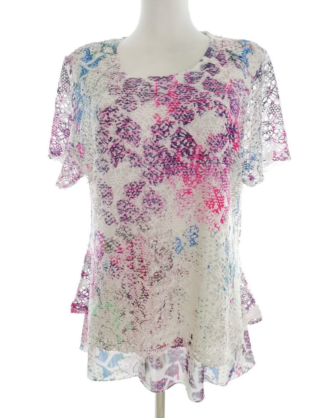Mudflower Rozmiar M/L Kolor Fioletowy Okrągły dekolt Tunika Bluzka Krótki rękaw