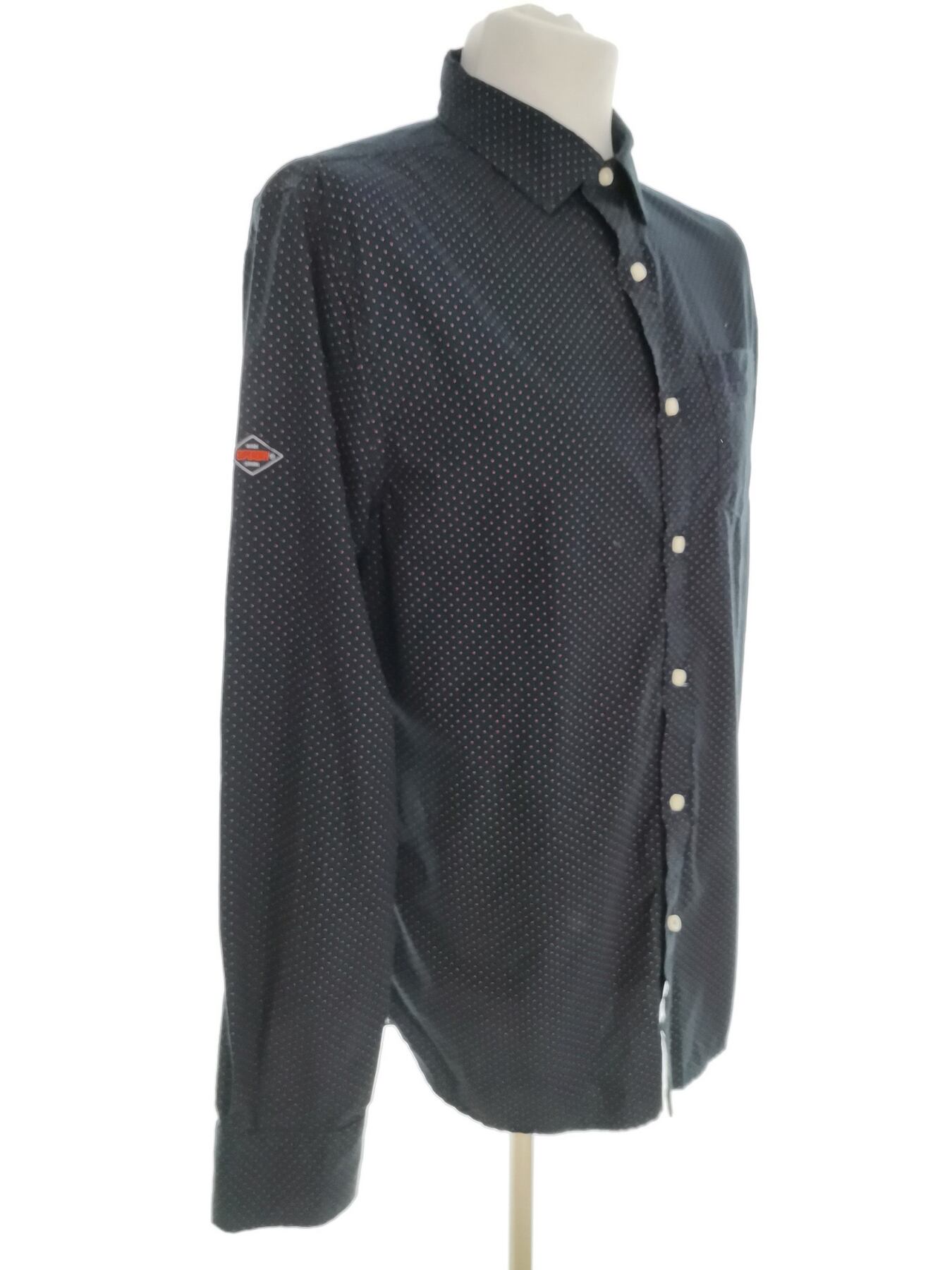 IMG_20220613_111637.jpg Superdry Rozmiar XL Kolor Granatowy Grochy Kołnierz Męska Koszula Casual Długi rękaw Materiał Bawełna 100%