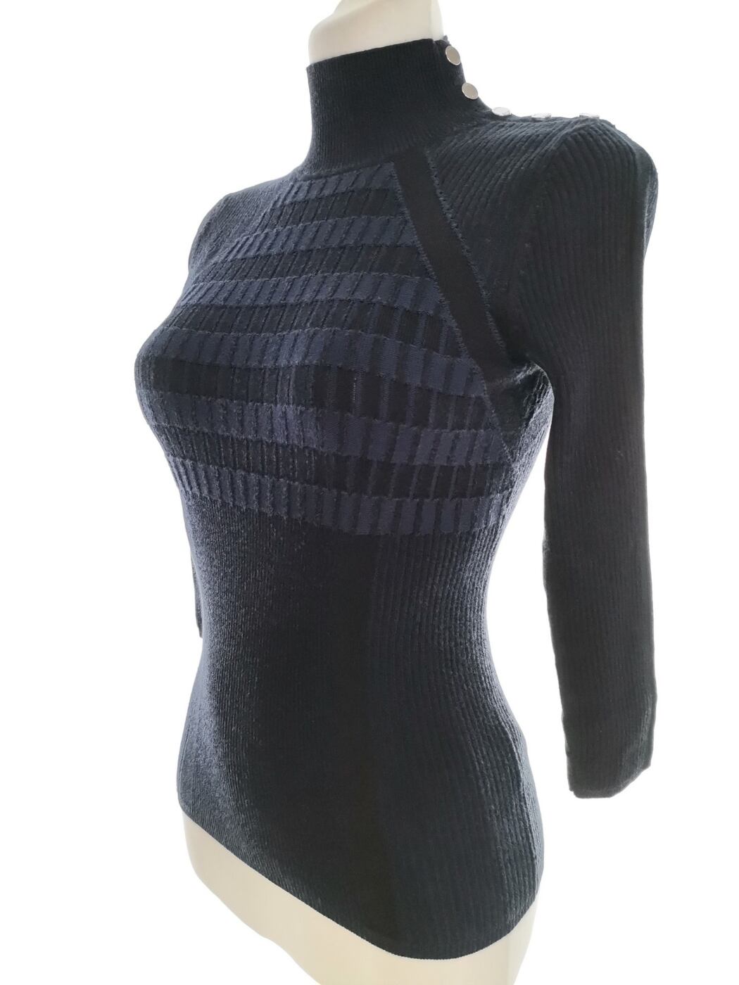 IMG_20220613_123824.jpg Karen MILLEN Rozmiar 1 (34) Kolor Granatowy High Neck Sweter Rękaw 3/4 Materiał Wiskoza Cienka dzianina