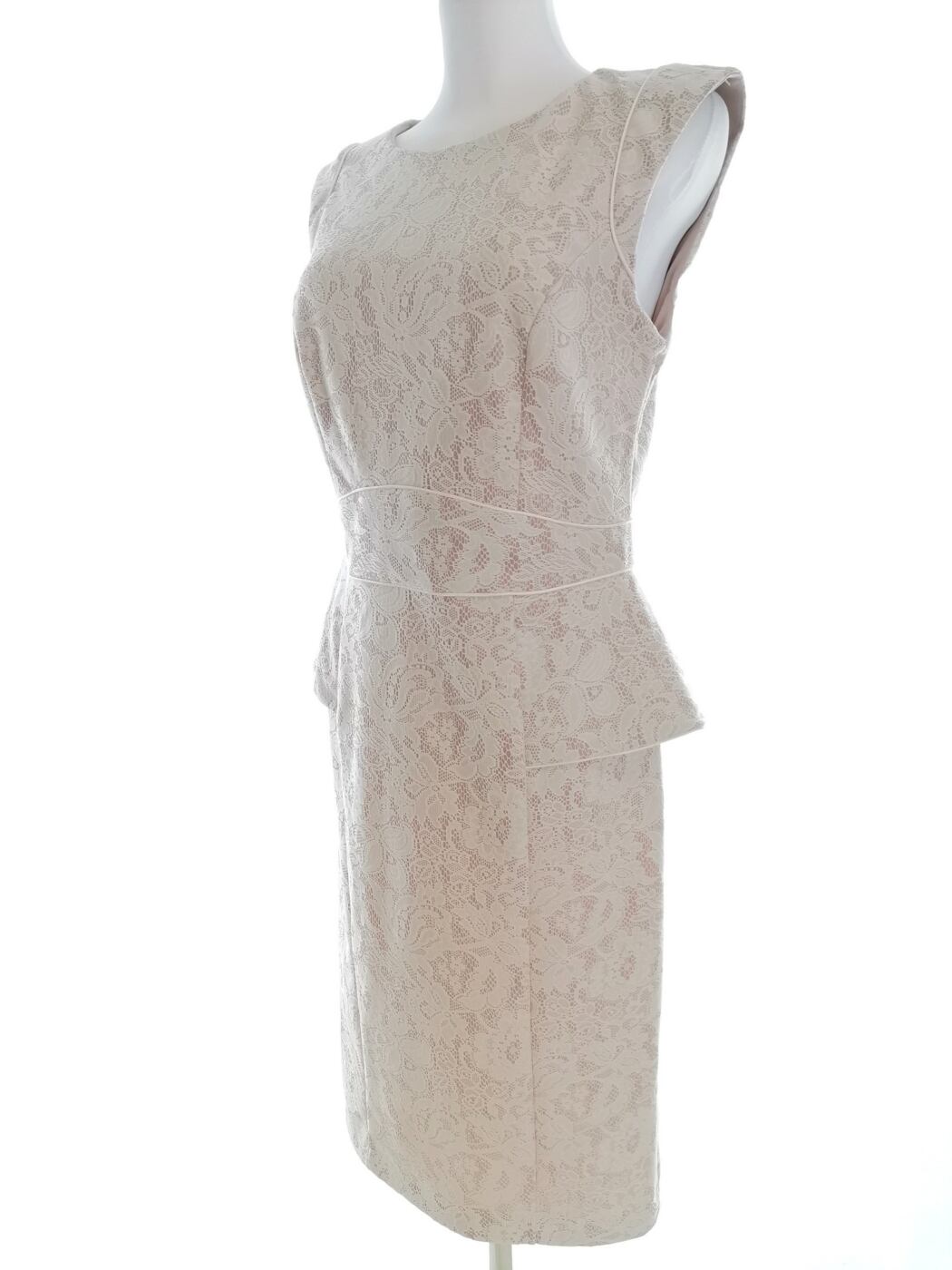 River island Rozmiar 12 (38) Kolor Kremowy Okrągły dekolt Sukienka Sheath Krótki rękaw Midi